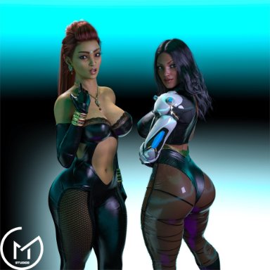 2girls, 3d, apex legends, ass, back view, beauty mark, big ass, bindi, black hair, cleavage, clothed, crossover, dark-skinned female, duo, earrings