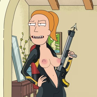 breasts, edit, female only, harpoon, nude, red hair, rick and morty, season 5, summer smith, wetsuit