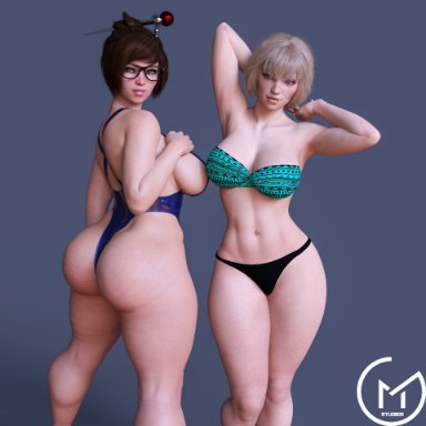 2girls, 3d, apex legends, ass, back view, bangs, bedroom eyes, big ass, bikini, blonde hair, blue eyes, bob cut, breasts, brown eyes, brown hair