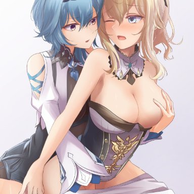 bangs, bare shoulders, between legs, blonde hair, blue eyes, blue hair, blush, bow, breasts, cleavage, clothes pull, eula (genshin impact), female, genshin impact, gloves