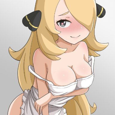 1girls, apron, blonde hair, blush, breasts, cynthia (pokemon), eye contact, female, grey eyes, hair ornament, long hair, looking at viewer, nintendo, pokemon, pokemon dppt