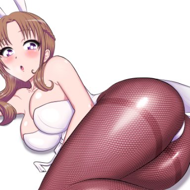 ass, blush, breasts, brown hair, bunny ears, bunnysuit, female, hi res, huge ass, large breasts, leotard, looking at viewer, milf, mother, oosuki mamako