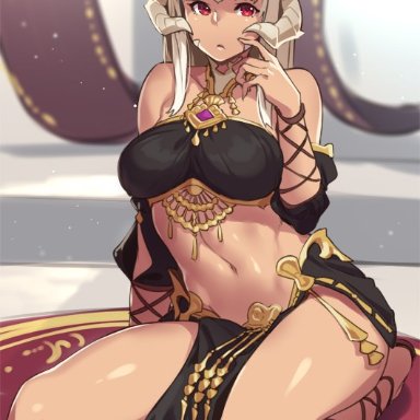 au ra, belly dancer, belly dancer outfit, breasts, dancer outfit, final fantasy, final fantasy xiv, harem girl, harem outfit, horns, houtengeki, jewelry, large breasts, loincloth, long hair
