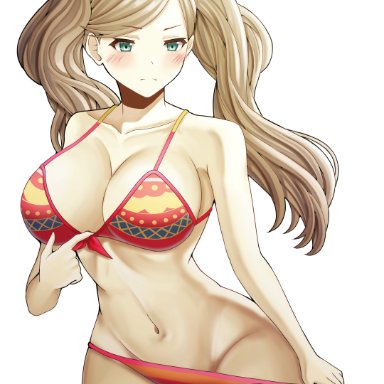 1girls, ann takamaki, big breasts, bikini, blonde hair, blue eyes, blush, persona, persona 5, pulling panties, saikunartworks, teasing, twintails