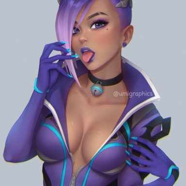 black cat sombra, cat collar, cat ears, ear piercing, fully clothed, mascara, overwatch, purple lipstick, simple background, sombra, tan skin, toungue out, umigraphics, zipper down