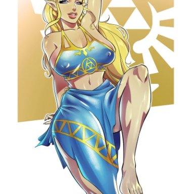 blonde hair, blue eyes, breath of the wild, erect nipples, hylian, iacolare, large breasts, long hair, midriff, nintendo, pointy ears, princess zelda, royalty, sarong, solo