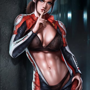 1girls, abs, big breasts, blue eyes, bra, breasts, brown hair, capcom, child bearing hips, claire redfield, cleavage, clothed, clothing, dandon fuga, elza walker