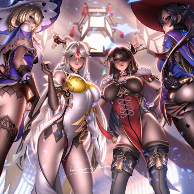 4girls, ass, beidou (genshin impact), big ass, big breasts, breasts, female, female only, genshin impact, large breasts, liang xing, lisa (genshin impact), mona (genshin impact), ningguang (genshin impact), thick thighs