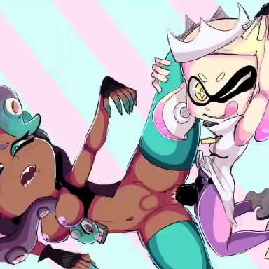 2girls, animated, bard-bot, blush, bouncing breasts, colored, dark-skinned female, dark skin, dildo, drooling, heart-shaped pupils, inkling, jontxu, kneeling, licking