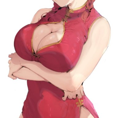 1girls, alp, alternate costume, arms under breasts, bangs, big breasts, braid, breasts, china dress, chinese clothes, cleavage, cleavage cutout, clothing cutout, covered navel, cowboy shot