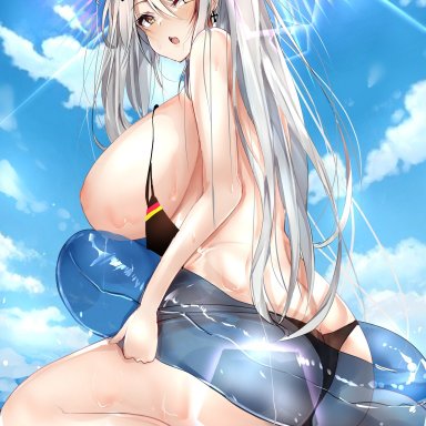 1girls, 2021, ahoge, areolae, ass, azur lane, back, back view, bare legs, beach, bikini top aside, blue sky, blush, blushing at viewer, bow