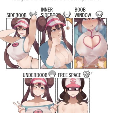 2girls, 5girls, adapted costume, alternate breast size, armpits, bare shoulders, big breasts, blue eyes, boob window, breast envy, breasts, brown hair, buns, censored, chart