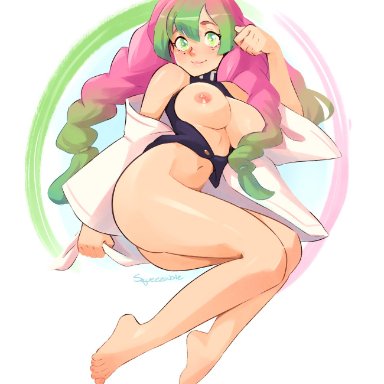 big breasts, breasts outside, demon slayer, green eyes, green hair, kanroji mitsuri, kimetsu no yaiba, long hair, looking at viewer, pale-skinned female, pale skin, pink hair, squeezable, tri tails