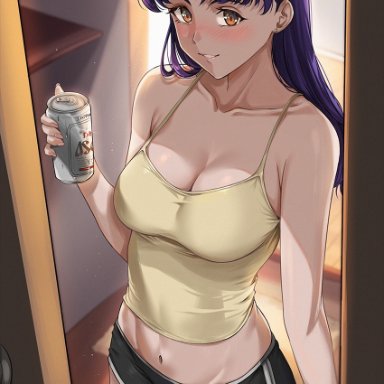 alcohol, bare legs, beer, beer can, black shorts, blush, breasts, can, cleavage, commentary request, curvy, door, earrings, female, female focus