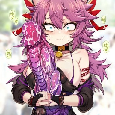 1futa, animal ears , aqua eyes, areola slip, areolae, bell, big breasts, big penis, black dress, blurry, blurry background, breasts, bridal gauntlets, closed mouth, clothed