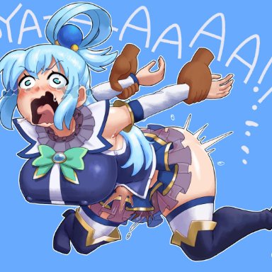 1girls, aqua (konosuba), arms behind back, ass, balls, big breasts, blue eyes, blue hair, boots, breasts, crying, crying with eyes open, curvy, dark-skinned male, dark skin