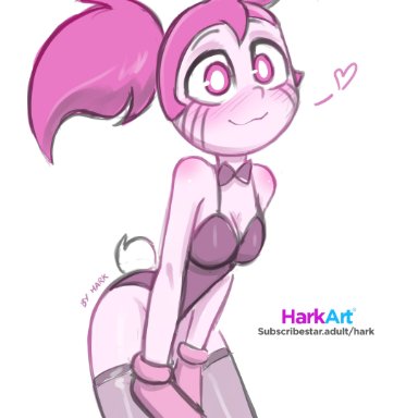 :3, artist name, blush, bowtie, bunny tail, bunnysuit, cartoon network, cleavage, cropped legs, gem, gloves, harkart, heart, pink eyes, pink hair