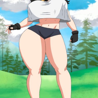 1girls, big breasts, black gloves, black hair, blue eyes, dragon ball, dragon ball z, female only, solo, thick thighs, twintails, ultiblackfire, videl, white shirt