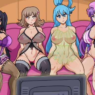 4girls, aqua (konosuba), big breasts, breasts, cleavage, couch, crossover, danganronpa, high school dxd, kono subarashii sekai ni shukufuku wo!, lingerie, mind control, multiple girls, nanami chiaki, nightgown