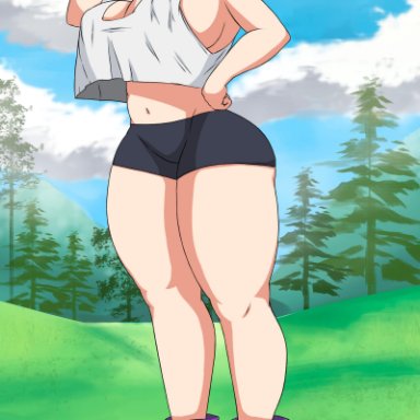 1girls, big breasts, black hair, blue eyes, dragon ball, dragon ball z, female only, looking at viewer, solo, thick thighs, ultiblackfire, videl, white shirt