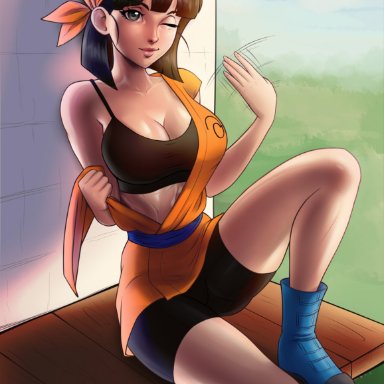 1girls, aesdev, bandana, black bottomwear, black hair, boots, breasts, cleavage, compression shorts, dragon ball, ecstasy, fanning self, female, female only, grey eyes