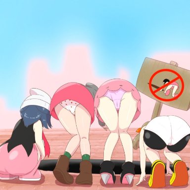 4girls, ass, bent over, dawn (pokemon), female, female only, gloria (pokemon), human, looking down, marnie (pokemon), may (pokemon), microsd (artist), nintendo, panties, pokemon