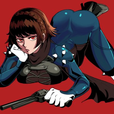 ass up, bored, bored expression, brown hair, gloves, gun, heels, leather, makoto niijima, persona, persona 5, red eyes, scarf, skin tight, solo female