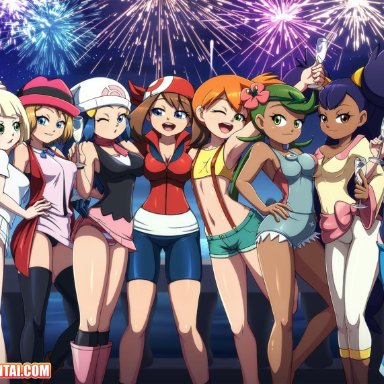 dawn (pokemon), fireworks, fully clothed, iris (pokemon), kasumi (pokemon), lana (pokemon), lillie (pokemon), mallow (pokemon), may (pokemon), multiple girls, pokemon, pokemon trainer, reit, serena (pokemon), tagme