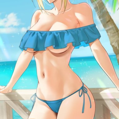 1girls, bikini, blue bikini, cameltoe, frilled bikini, frills, metroid, nintendo, samus aran, sendrawz, underboob