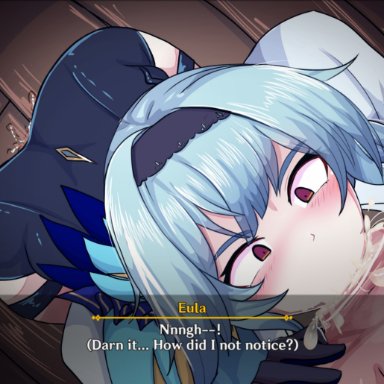 1boy, aether (genshin impact), big breasts, blue hair, blush, cum, cum in mouth, deepthroat, dialogue, ejaculation, eula (genshin impact), female, genshin impact, gloves, grimmelkin