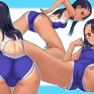all fours, ass, back, bare arms, bare legs, bare shoulders, black hair, blue swimsuit, blush, breasts, brown eyes, cameltoe, competition swimsuit, ear clip, eyebrows visible through hair