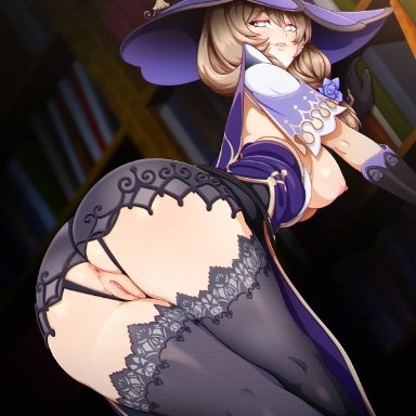 anus, ass, bangs, black gloves, black legwear, blonde hair, book, bookshelf, breasts, capelet, corset, dress, dress shirt, earrings, eyebrows visible through hair