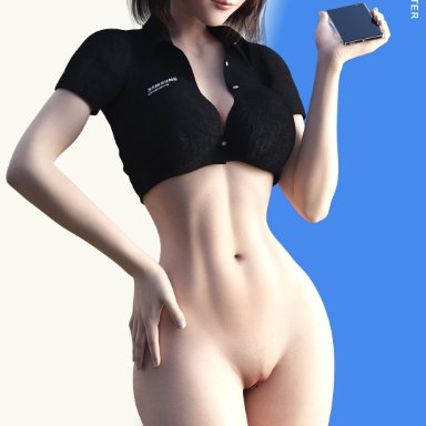 athletic, athletic female, blue eyes, bottomless, breasts, brown hair, busty, edit, female, female focus, female only, hourglass figure, navel, phone, pose