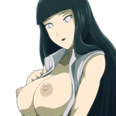 1girls, bare arms, bare shoulders, big breasts, black hair, blunt bang, breasts, breasts outside, busty, clothing, collarbone, female, female only, huge breasts, hyuuga hinata