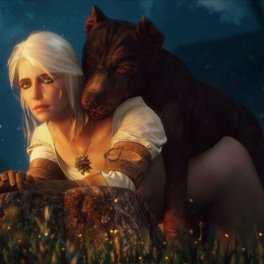 3d, canine, ciri, from behind, green eyes, looking at viewer, scar, the witcher, white hair, witcherres, zoophilia