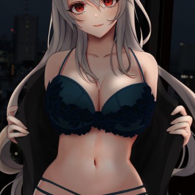 1girls, bangs, bare shoulders, black hairband, blush, bra, breasts, cleavage, closed mouth, collarbone, commentary request, corrin (fire emblem), corrin (fire emblem) (female), cowboy shot, eyebrows visible through hair