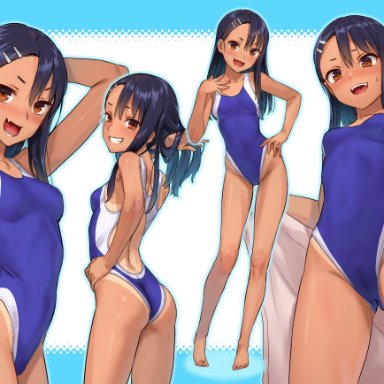 1girls, armpits, arms up, ass, barefoot, black hair, blush, breasts, brown eyes, fangs, female, female focus, female only, hairclip, hayase nagatoro