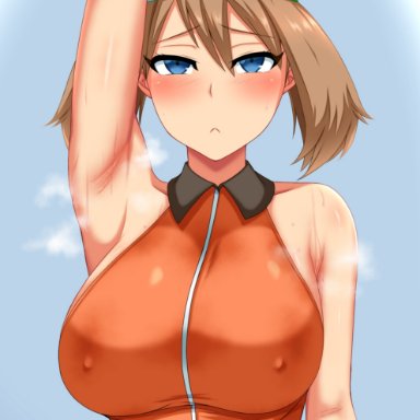 1girls, armpits, bandana, bare shoulders, big breasts, blue eyes, blush, breasts, brown hair, eye contact, female, green bandana, large breasts, looking at viewer, may (pokemon)