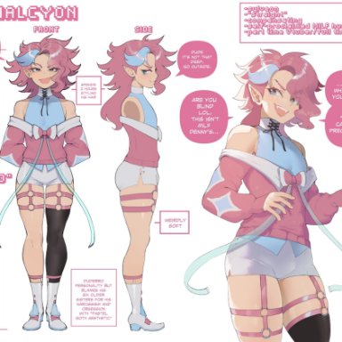 1boy, black thighhighs, blue eyes, blue highlights, boots, character sheet, clothing, dialogue, english text, fangs, femboy, girly, halcyon (thiccwithaq), hi res, humanized