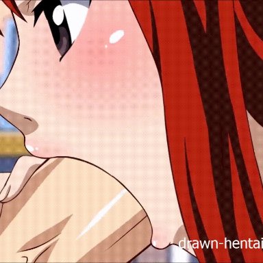 animated, black eyes, blowjob, blush, cock worship, drawn-hentai, erza scarlet, fairy tail, long hair, oral, red hair, uncensored