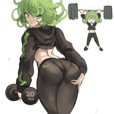 1girls, ass, eyebrows, female, grabbing ass, green hair, looking at viewer, looking back, one-punch man, rakeemspoon, short hair, sports uniform, standing, tatsumaki, thick thighs