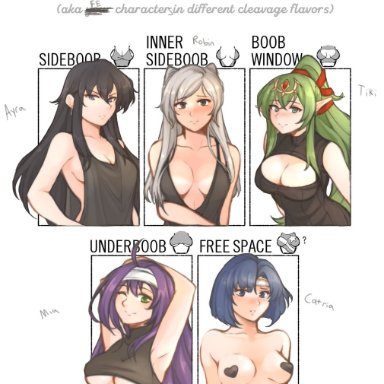 5girls, ;), ahoge, angry, armpits, ayra (fire emblem), black eyes, black hair, blue eyes, blue hair, blush, breasts, brown eyes, catria (fire emblem), cleavage