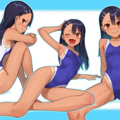 ass, back, barefoot, black hair, blue swimsuit, blush, breasts, brown eyes, cameltoe, competition swimsuit, female, hair ornament, hairclip, hayase nagatoro, highleg