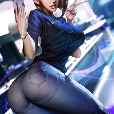 arched back, ass, back view, beauty mark, blue eyes, blue nails, brown hair, cellphone, clothing, ear piercing, earrings, holding object, indoors, looking at viewer, looking back