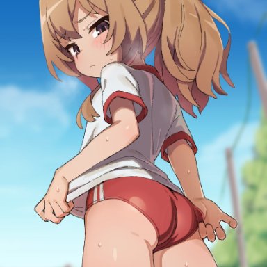 ass, blush, brown hair, embarrassed, looking at viewer, spandex, sweat, taiga aisaka, thighhighs, thighs, toradora!, wakako (wagasiorhugasi)