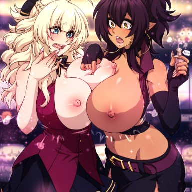 2girls, ass, bare shoulders, big ass, big breasts, big butt, black hair, blonde hair, blue eyes, blush, breast expansion, breasts, breasts outside, brooch, butt