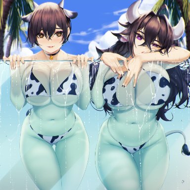 2girls, against glass, animal ears, animal print, bangs, bikini, black hair, black nails, blue sky, blueorca, breast press, breasts, brown eyes, chinese zodiac, choker