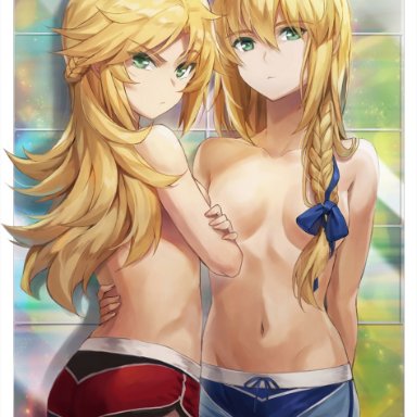 2021, 2girls, ahoge, alternate hairstyle, angry, arm around waist, arm behind back, armpit crease, artoria pendragon, ass, back, back view, bare legs, belly button, blank expression