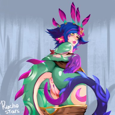 anus, ass, bent over, blush, league of legends, looking back, monster girl, multicolored hair, neeko, psychostars, pussy, riot games, shorts, shorts down, tagme