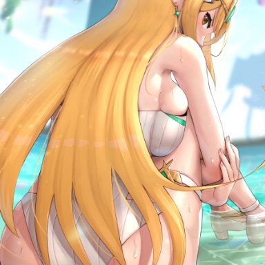 1girls, 2021, alternate costume, armpits, arms around legs, ass, ass focus, backboob, bangs, blonde hair, blue sky, blush, breast squish, breasts, detailed background